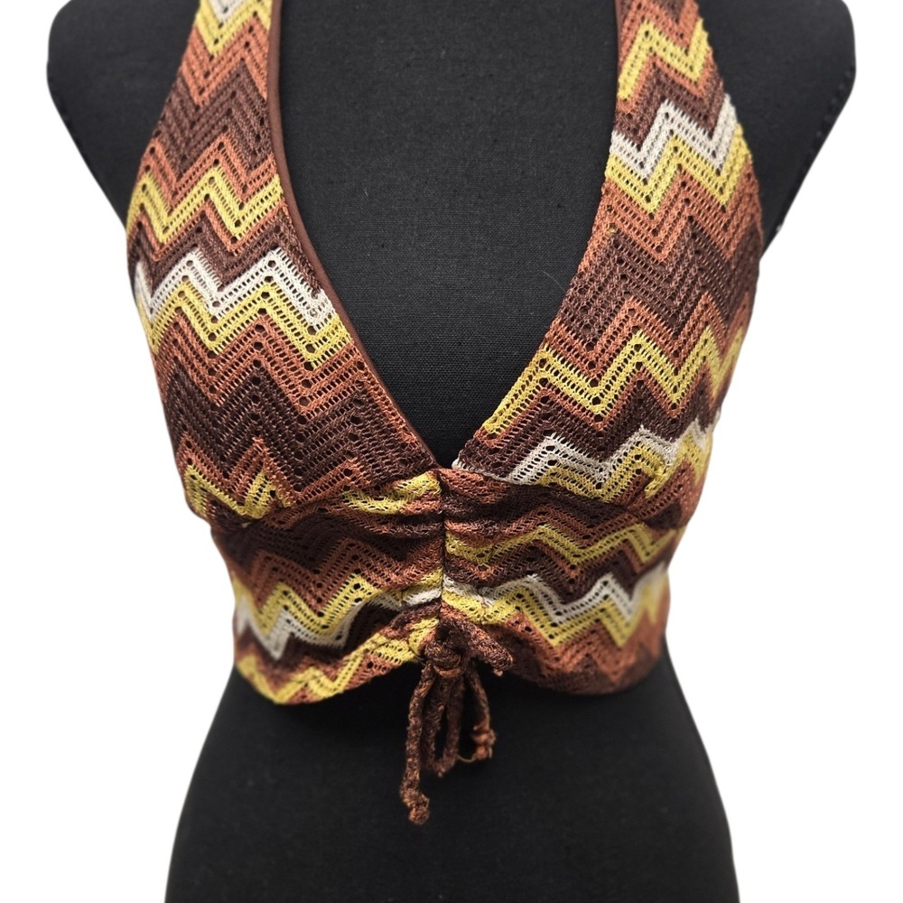 rue21 Brown Chevron Zigzag Crochet Halter Crop Top Large Boho Festival V-Neck
